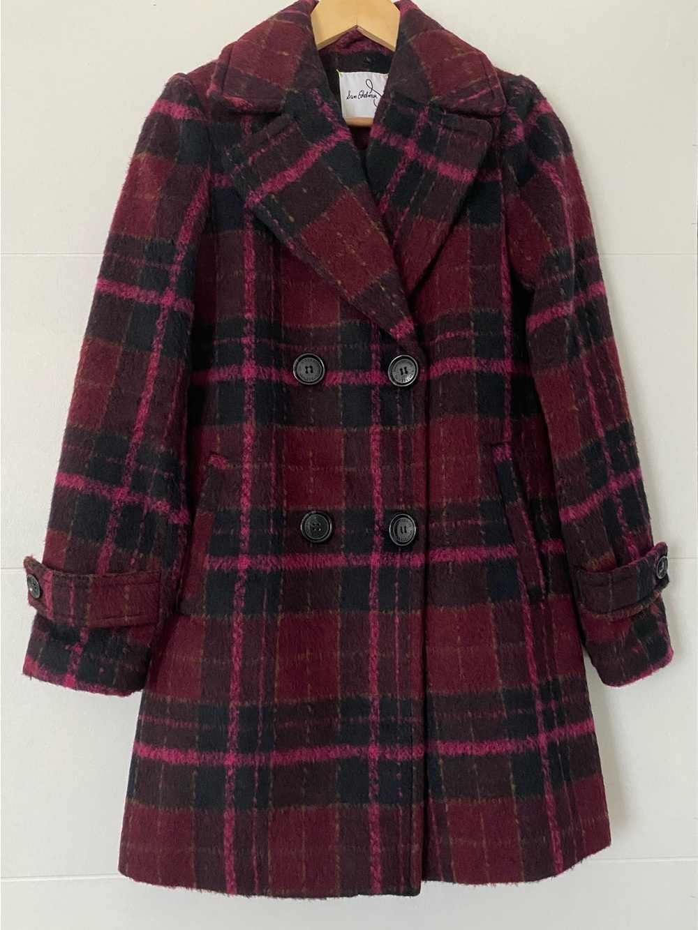 Sam Edelman Burgundy, Pink & Black Plaid Mixed Wool Coat